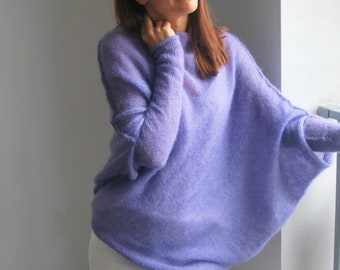 Lavender hand knitted mohair poncho, drops kid silk mohair sweater, lavender warm mohair silk cardigan, soft bridal mohair silk pullover