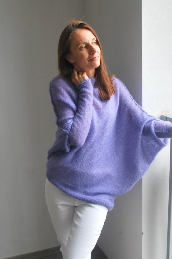 Buy Lavender Hand Knitted Mohair Poncho Drops Kid Silk Mohair
