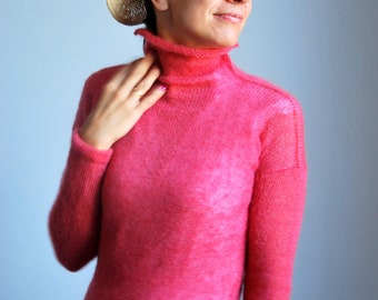 Mohair silk pullover, turtleneck mohair silk sweater,  high neck sweater, knitted pullover, soft gray bridal pullover, wedding pink jacket