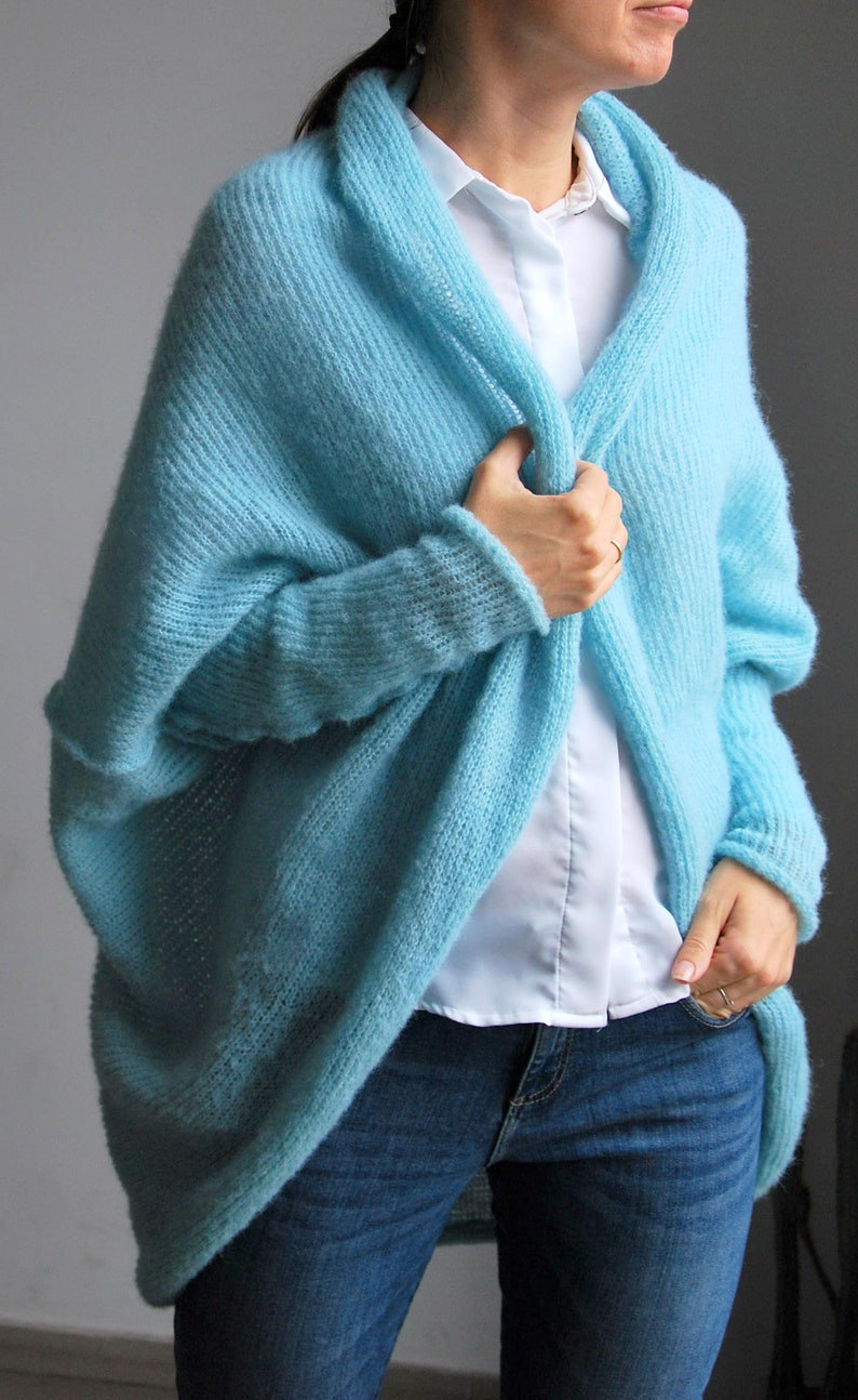 Cardigan en soie d'alpaga vert d'eau clair, cardigan bleu en soie d'alpaga surdimensionné, pull en soie d'alpaga doux et chaud, pull en soie d'alpaga doux de mariée image 2