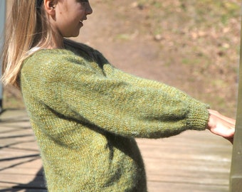 Hand knitted girls alpaca and mohair silk pullover, kids green cardigan, girls mohair silk alpaca boho jacket, apple green girls pullover