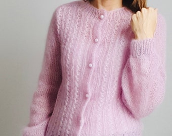 Suéter hecho a mano de seda mohair rosa, cárdigan de seda mohair, jersey suave rosa, suéter nupcial suave, jersey de punto, chaqueta de seda mohair rosa