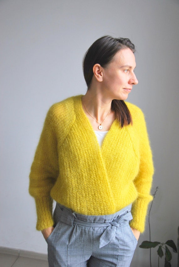 Hand knit kid mohair silk yellow pullover women's | Etsy