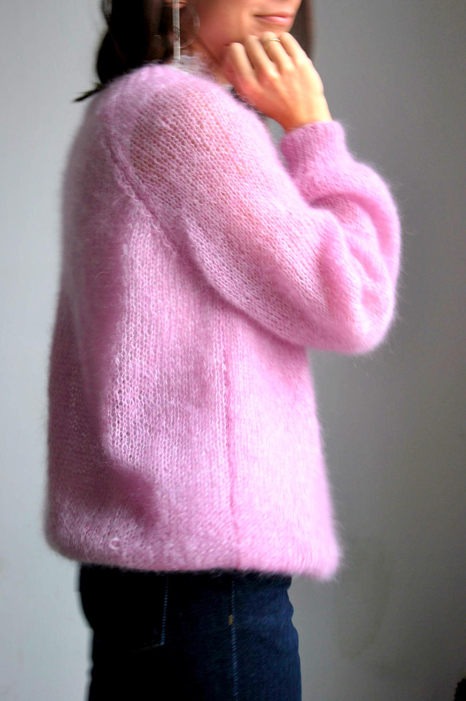 Pink Soft Mohair Silk Sweater, Pink Warm Handmade Cardigan