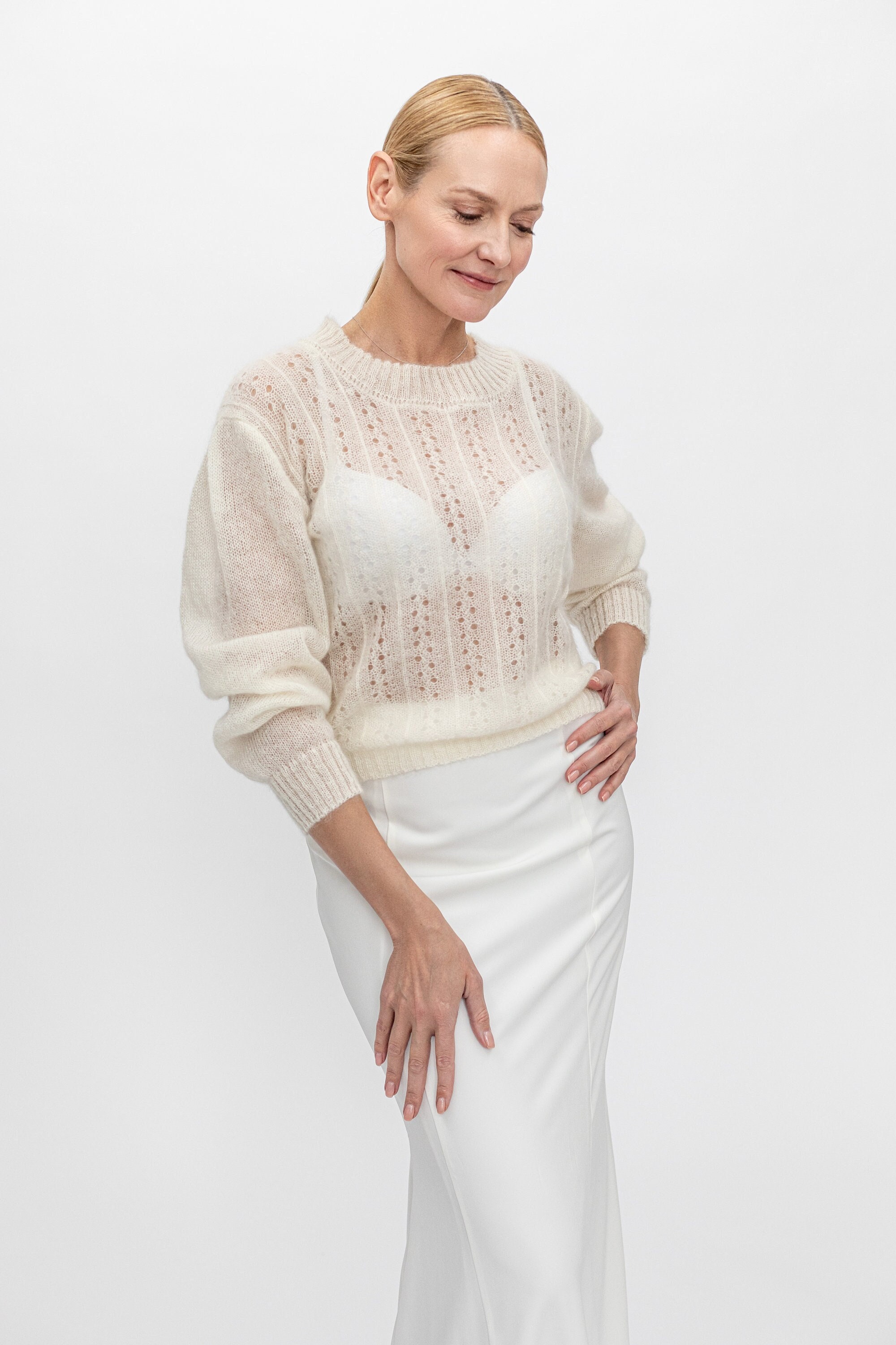 Wedding off white soft lace mohair silk pullover, white mohair sweater, white silk pullover, white bridal jacket, bridal silk white cape
