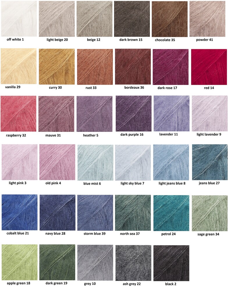May include: A color chart displaying a variety of yarn colors. The chart includes shades like off-white, beige, brown, red, pink, purple, blue, green, and grey. Each color is labeled with a name and a number.