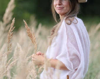 Handmade Mohair Silk Sweater: Pink Knit Poncho Pullover