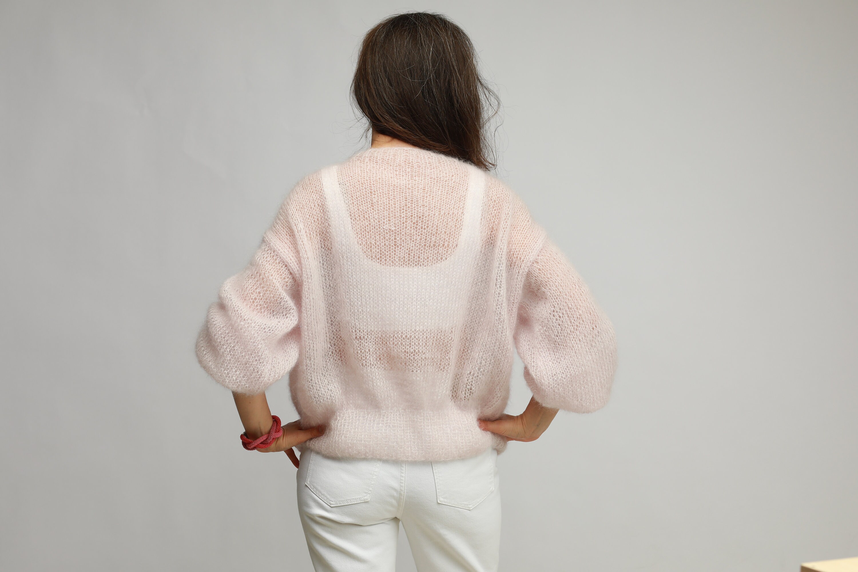 Handmade Mohair Silk Pink Pearl Cardigan, Women Mohair Silk Handmade Mohair Silk Pink Pearl Cardigan, Women Mohair Silk