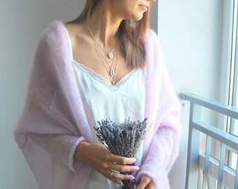 Cardigan en soie mohair douce et légère, pull en soie mohair, cardigan en mohair rose clair, cardigan pour femme en tricot à la main, veste de mariée oversize en mohair