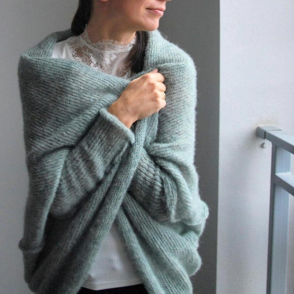 Sage green alpaca silk cardigan, wedding green soft alpaca silk jacket, bridal alpaca women sweater, green alpaca cocoon shawl, alpaca shrug
