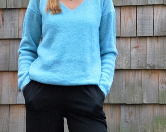 Light sea green alpaca silk v-shape pullover, alpaca v-neck handmade sweater, hand-knitted wool alpaca sweater, winter organic silk jacket