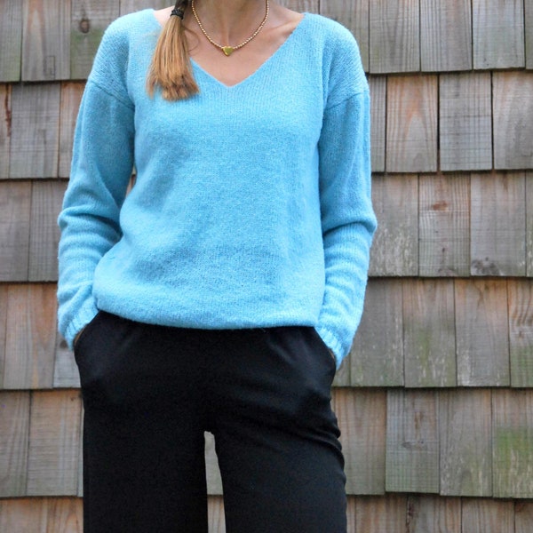 Light sea green alpaca silk v-shape pullover, alpaca v-neck handmade sweater, hand-knitted wool alpaca sweater, winter organic silk jacket