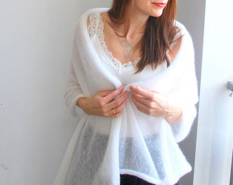 Pure white bridal shawl, pure white wedding women shrug, white bridal bolero, wedding cape shawl, wedding wrap mohair, bridal scarves shawl,