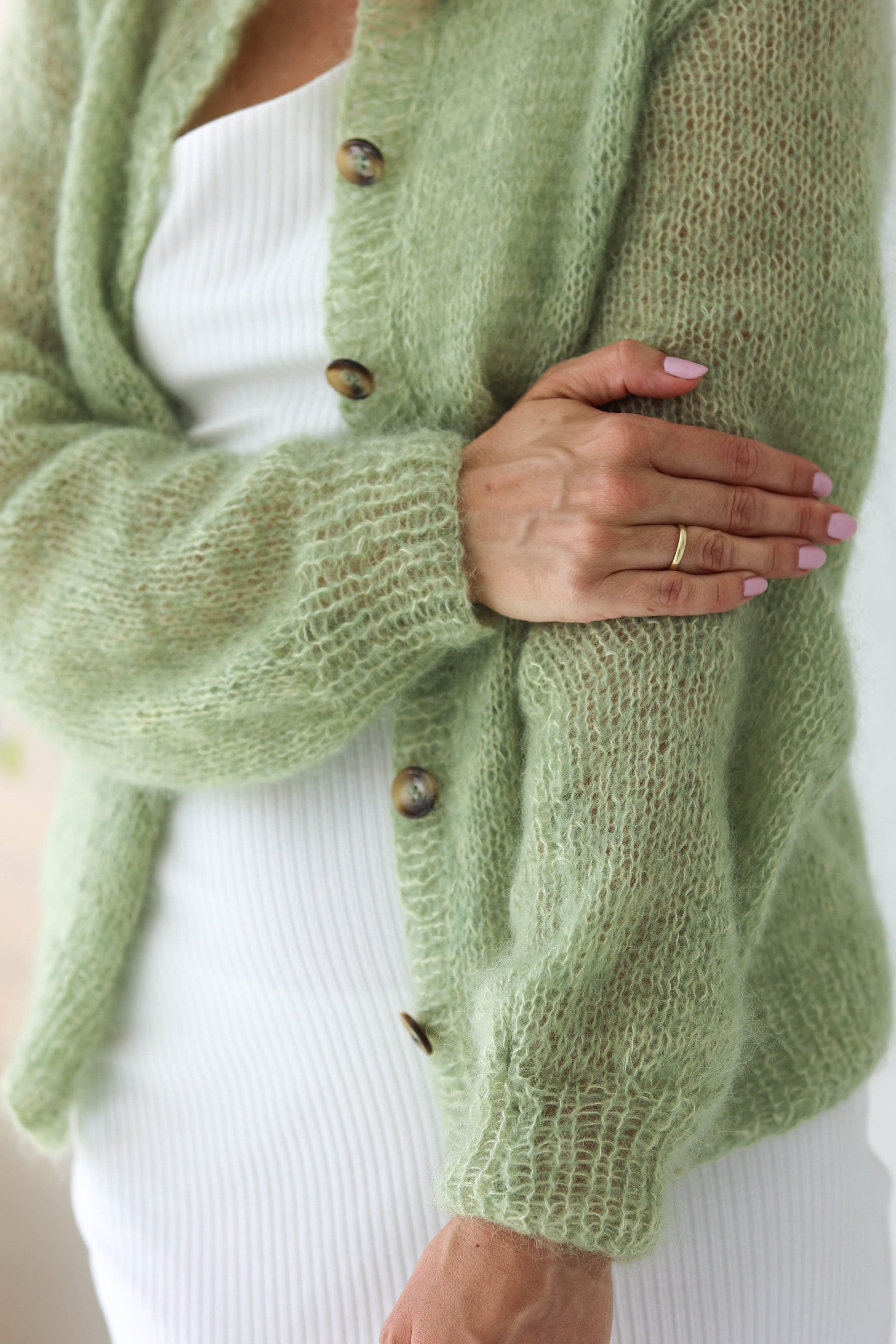 Handmade Mohair Silk Cardigan: Soft Green Knit Open Front Sweater 