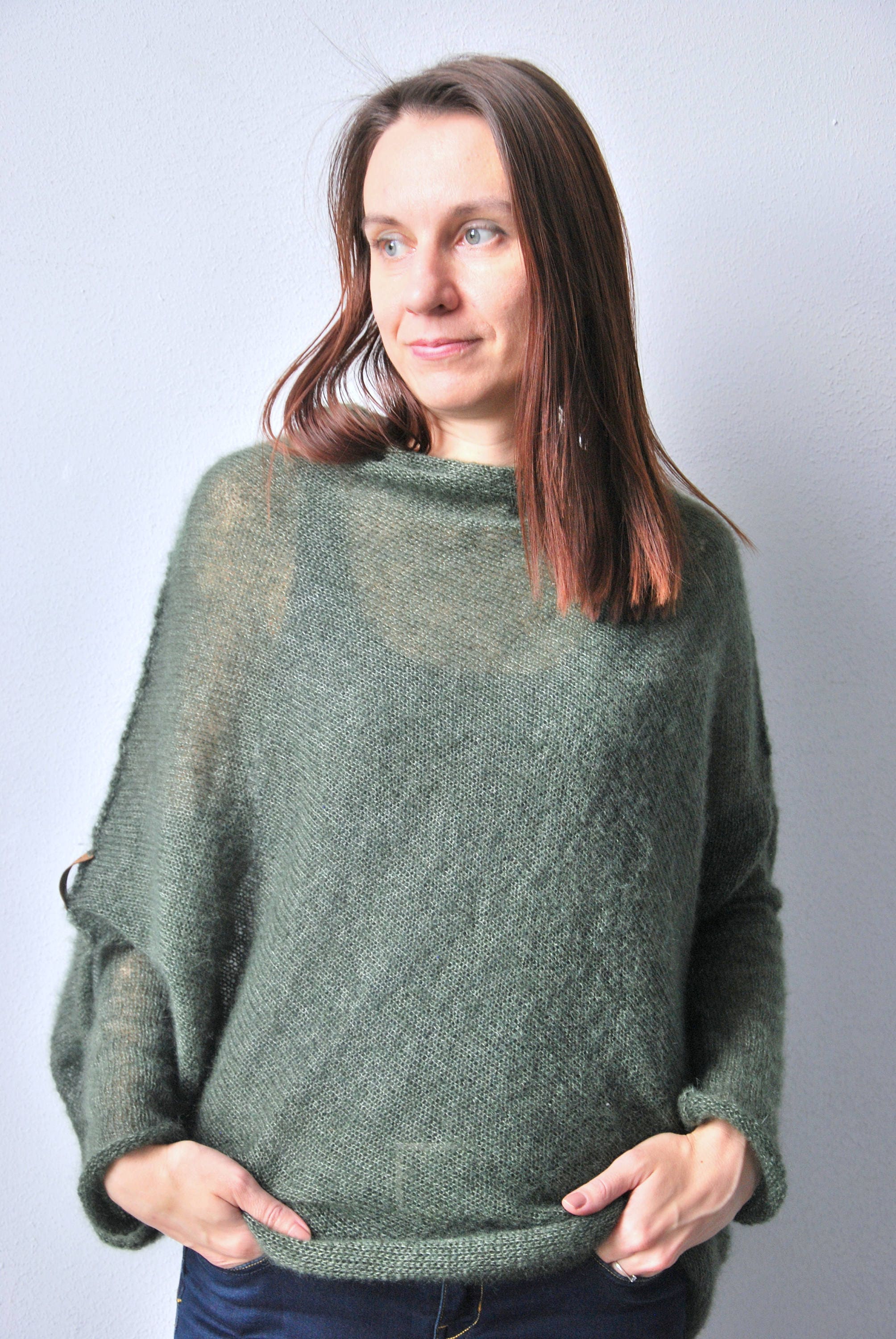 Dark green mohair sweater women knit pullover hand knit | Etsy