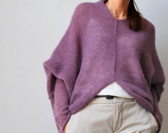 Pull, cardigan chiné, sweat-shirt en mohair, cardigan violet, veste bohème, cadeau pour elle, cardigan oversize, cardigan en mohair, cape en soie