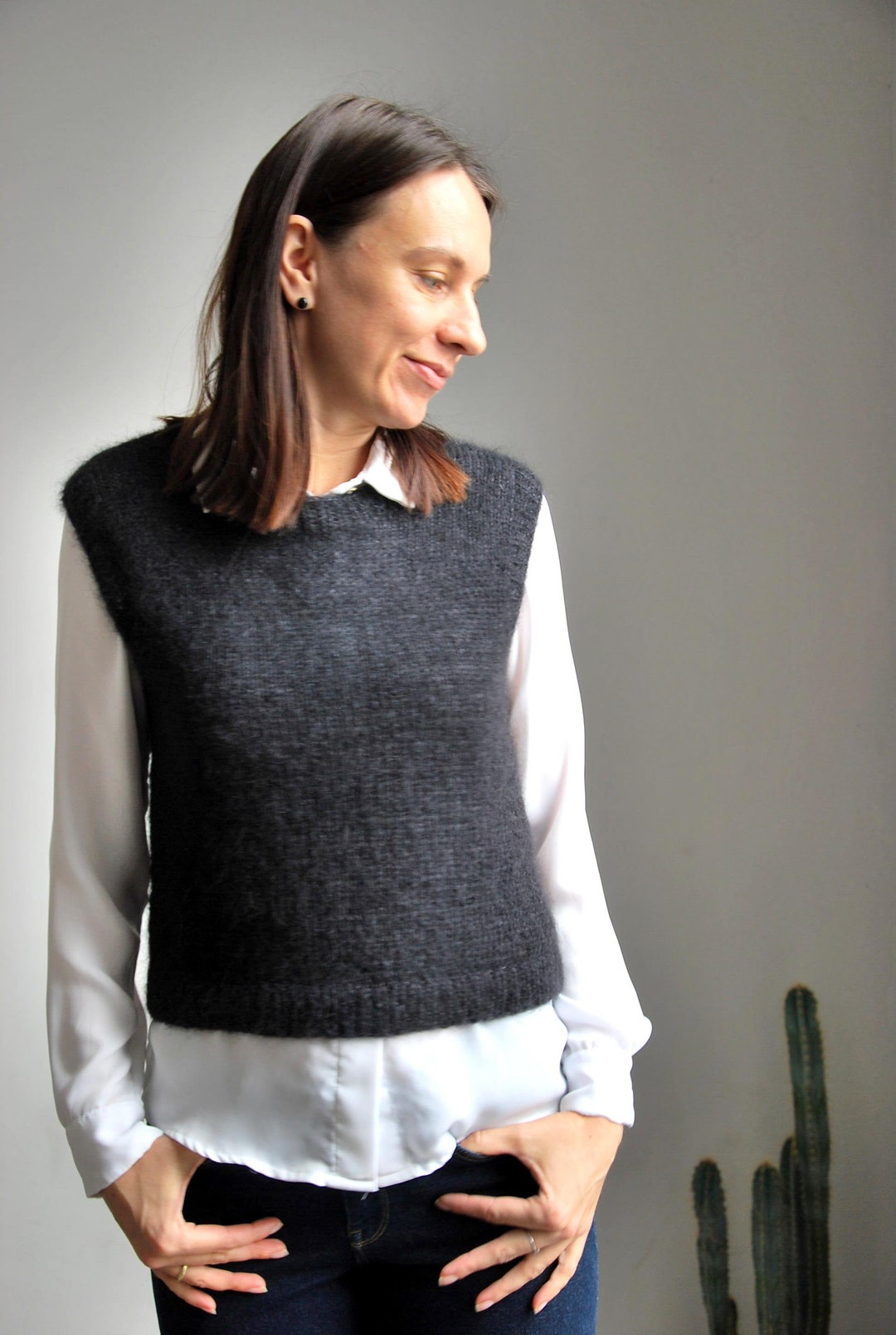 Black Mohair Silk Vest, Handmade Mohair Silk Vest, Black Mohair
