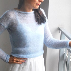 Light sky blue mohair silk pullover, light blue mohair handmade jacket, light blue bridal mohair silk sweater, bridal blue wedding pullover