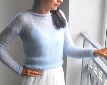 Pull en soie mohair bleu ciel, veste faite main en mohair bleu clair, pull de mariée en mohair bleu clair en soie, pull de mariage bleu nuptiale