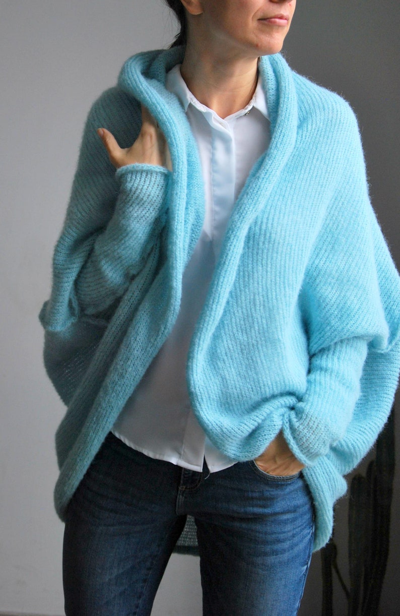 Cardigan en soie d'alpaga vert d'eau clair, cardigan bleu en soie d'alpaga surdimensionné, pull en soie d'alpaga doux et chaud, pull en soie d'alpaga doux de mariée image 5