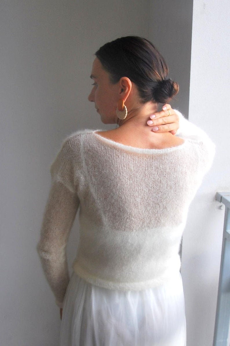 Weißer Pullover, Sweater, Mohair Pullover, weißer Pullover, Hochzeitspullover, Braut Pullover, Strickpullover, weißer Pullover, Braut Shrugs Pullover Bild 7