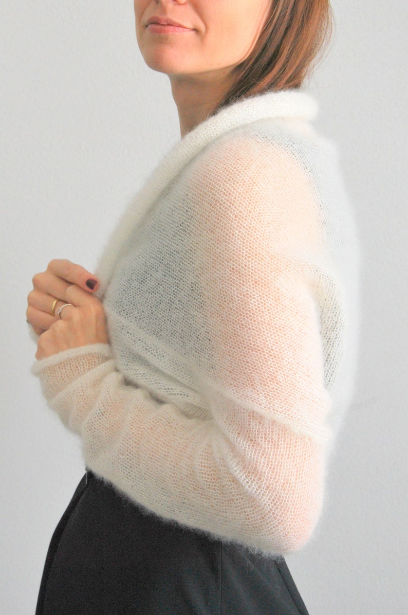 Bolero Shrug, Bolero, Mohair Bolero, Hochzeitspullover, Brautpullover, Brautpullover, Strickbolero, weißer Hochzeitsbolero, weiße Shrugs Bild 7