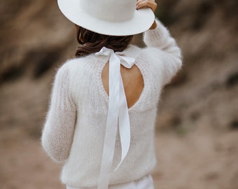 Jersey blanco de seda de mohair hecho a mano con cinta, suéter suave de seda de mohair blanco de boda, cinta blanca de cárdigan nupcial blanco hecha a mano