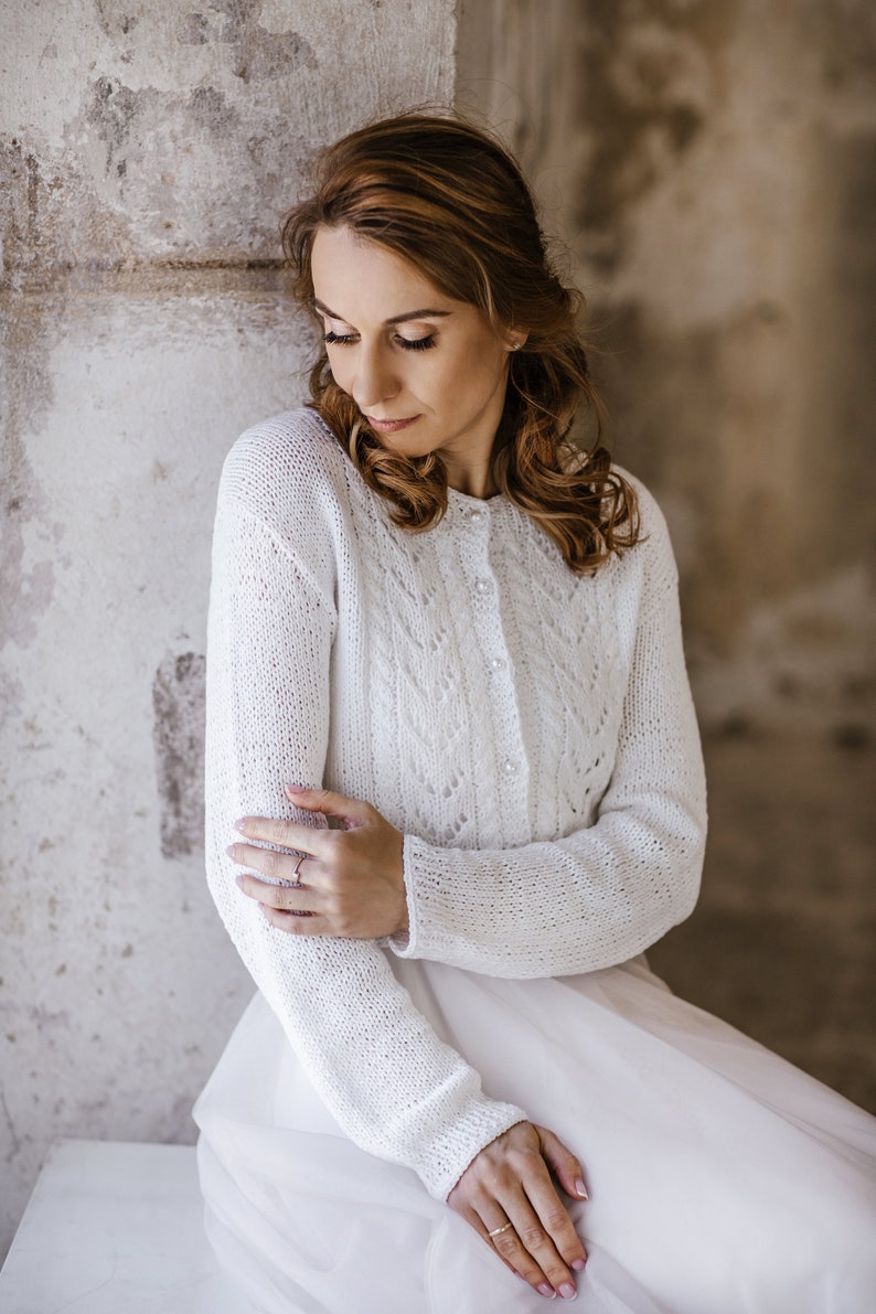 Weißer Baumwollpullover, weißer Viskose Pullover, weiße Leinenjacke, Braut Baumwolle Viskose Leinen Pullover, Hochzeit shrug, Braut Viskose Shrug Bild 7