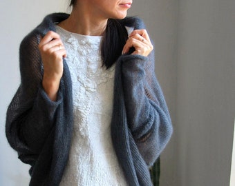 Ash gray mohair silk sweater, mohair silk cardigan, gray sweater, soft bridal sweater, light cardigan, wedding  sweater, knitted silk jacket