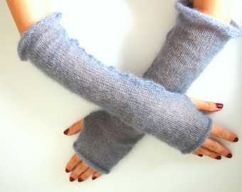 Mohair and silk grey upcycled fingerless gloves with hand-stitched thumbholes, soft bridal mohair silk gloves