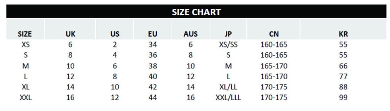 May include: A size chart with the title "SIZE CHART" in a black and white design. The chart includes size conversions for UK, US, EU, AUS, JP, CN, and KR sizes, with measurements in inches and centimeters.