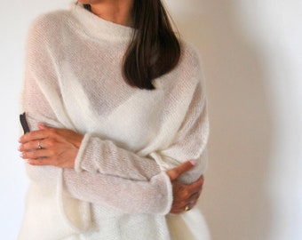 Off white poncho, ivory mohair pullover, bridal mohair cardigan, soft mohair silk sweater, wedding soft sweater, handmade knitted pullover