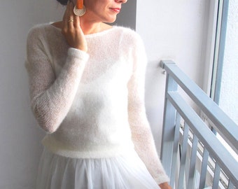 White sweater, sweater, mohair sweater, white jumper, wedding sweater, bridal sweater, knit sweater, white pullover, bridal shrugs pullover