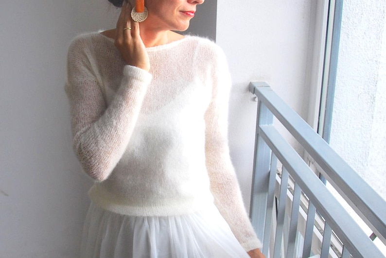 White sweater, sweater, mohair sweater, white jumper, wedding sweater, bridal sweater, knit sweater, white pullover, bridal shrugs pullover image 1