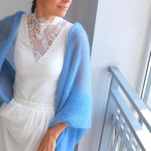 Light jeans blue mohair silk cardigan, blue bridal handmade jacket, knitted blue cardigan, bridal soft mohair sweater, drops kid silk cape