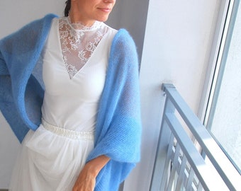 Cardigan bleu clair en soie mohair, veste de mariée bleue faite main, cardigan bleu en tricot, pull de mariée en mohair doux, cape de soie enfant gouttes