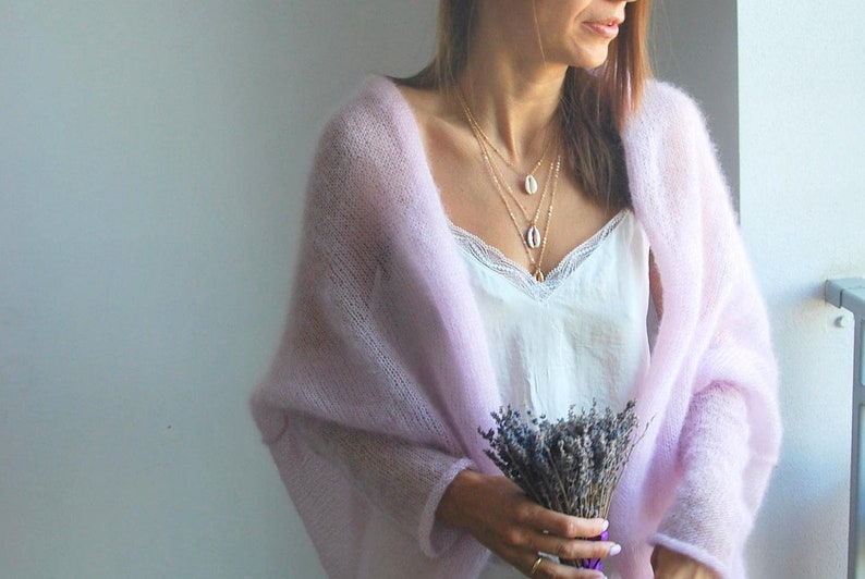 Cardigan en soie mohair douce et légère, pull en soie mohair, cardigan en mohair rose clair, cardigan pour femme en tricot à la main, veste de mariée oversize en mohair image 5