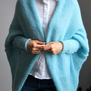 Cardigan en soie d'alpaga vert d'eau clair, cardigan bleu en soie d'alpaga surdimensionné, pull en soie d'alpaga doux et chaud, pull en soie d'alpaga doux de mariée image 4