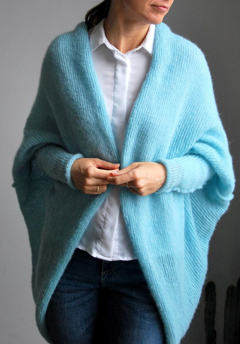 Cardigan en soie d'alpaga vert d'eau clair, cardigan bleu en soie d'alpaga surdimensionné, pull en soie d'alpaga doux et chaud, pull en soie d'alpaga doux de mariée image 4