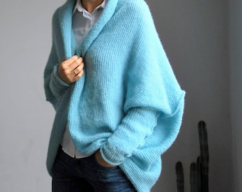 Light sea green alpaca silk cardigan, oversize alpaca silk blue cardigan, soft warm alpaca silk pullover, bridal soft alpaca silk sweater