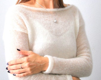 Weißer Pullover, Sweater, Mohair Pullover, weißer Pullover, Hochzeitspullover, Brautpullover, Strickpullover, Ivory Pullover, Braut Shrugs, Pullover