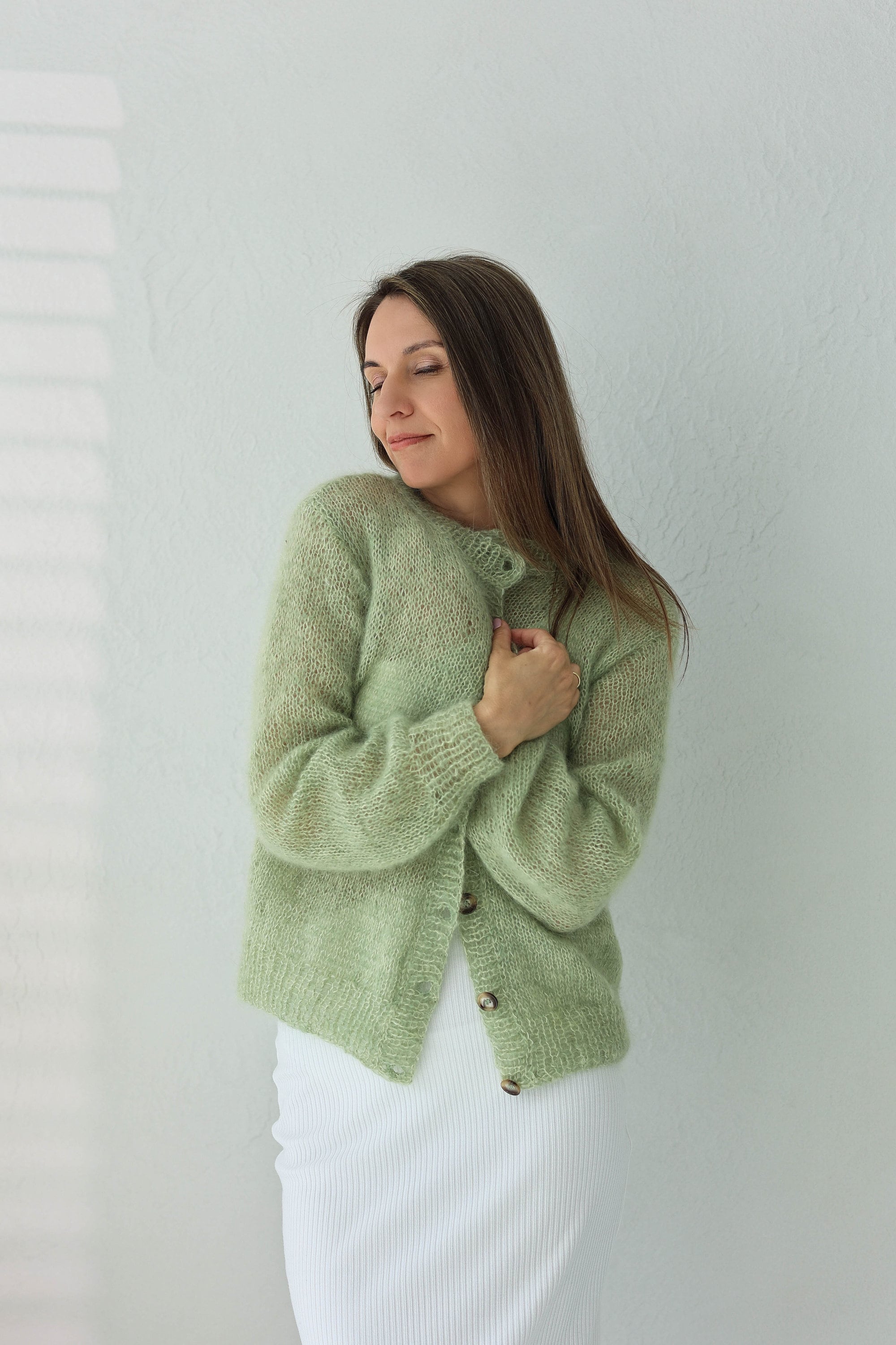 Handmade Mohair Silk Cardigan: Soft Green Knit Open Front Sweater 