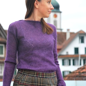 Luxuriously relaxing purple mohair silk pullover – an elegant dark purple sweater and cozy mohair top, perfect for romantic, special moments