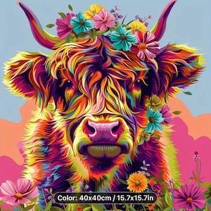 Colorful Highland Cow 5D Diamond Painting Kit - 40x40cm | Full Drill UK Seller