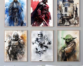 Może przedstawiać: Sześć oprawionych wydruków akwarelowych przedstawiających postacie z franczyzy science fiction. Wydruki przedstawiają Jedi, Darth Vadera, R2-D2, The Mandaloriana, Szturmowca i Yodę. Każda postać jest oddana w unikalnym stylu akwarelowym.