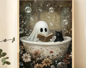 Fantôme lunatique et chat noir dans une baignoire, impression sur toile - disponible en deux tailles - SANS ENCADRÉ