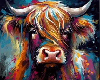 5D Diamond Art Kit | Colourful Highland Cow | 40x40cm Frameless