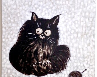 Tableau peinture chat noir, le Chat à la pelote de neige