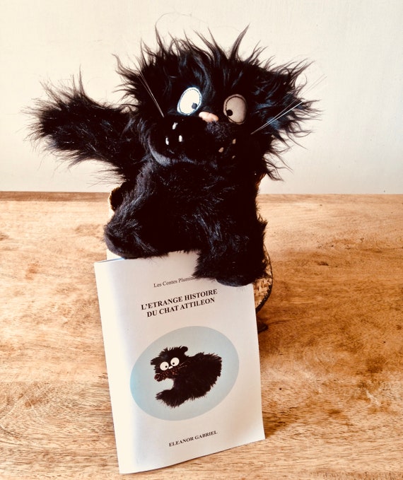 Peluche chat noir ébouriffée et son conte pour enfants, Attileon -   France