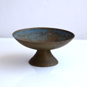 Vintage Brass Metal Footed Pedestal Small Bowl Stand Dolphin Fish Relief Table Centerpiece Fruit Dish Plate Salad Kitchen MCM Pottery